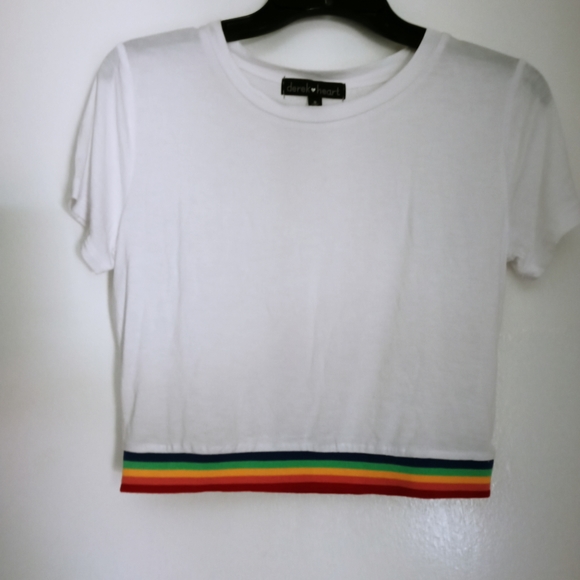 Derek Heart Juniors White color w/multicolor banded hem S/Sleeve T-shirt S 180 - Picture 6 of 6